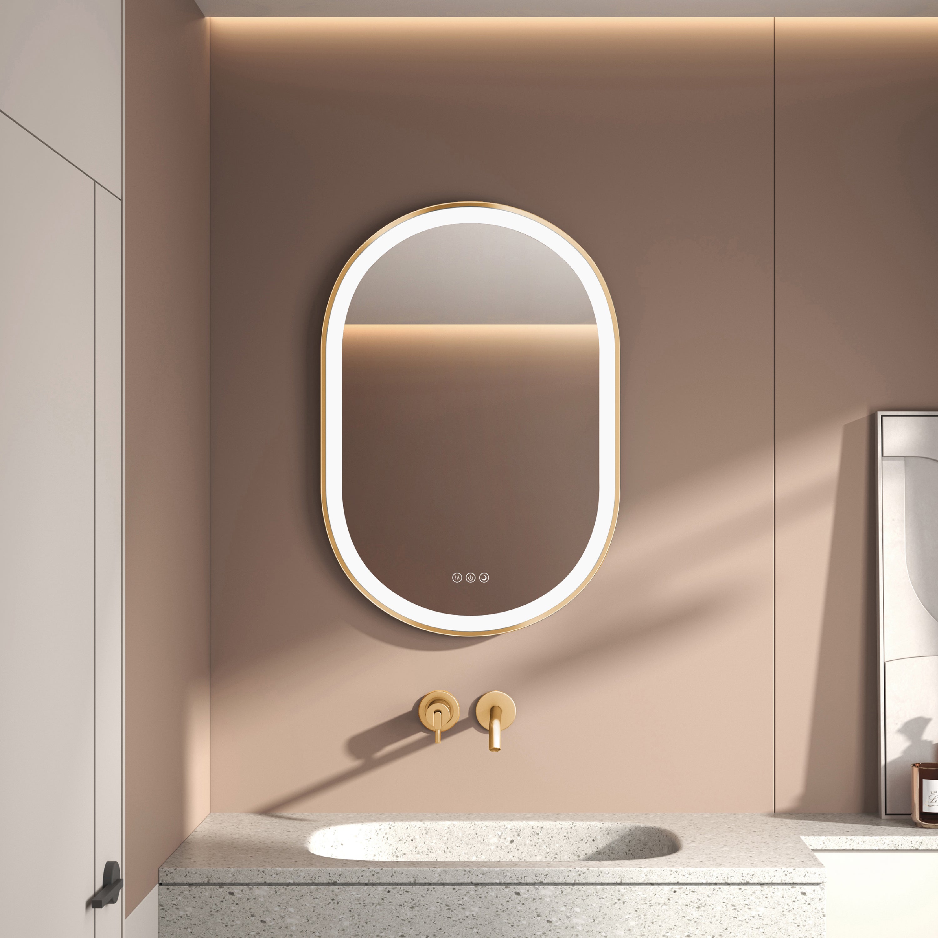 Elston 22" x 32" pill front lit LED mirror with Brushed Gold frame