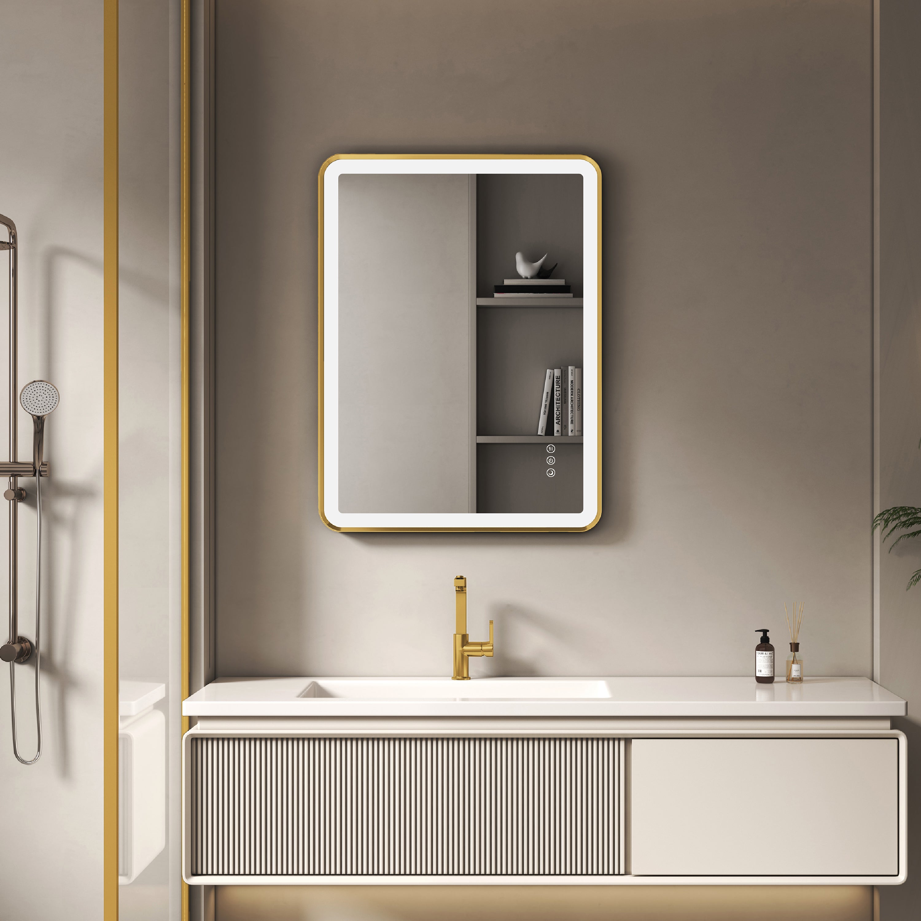 Elston 24"x 32" Rectangular Front Lit LED Mirror with Brushed Gold frame