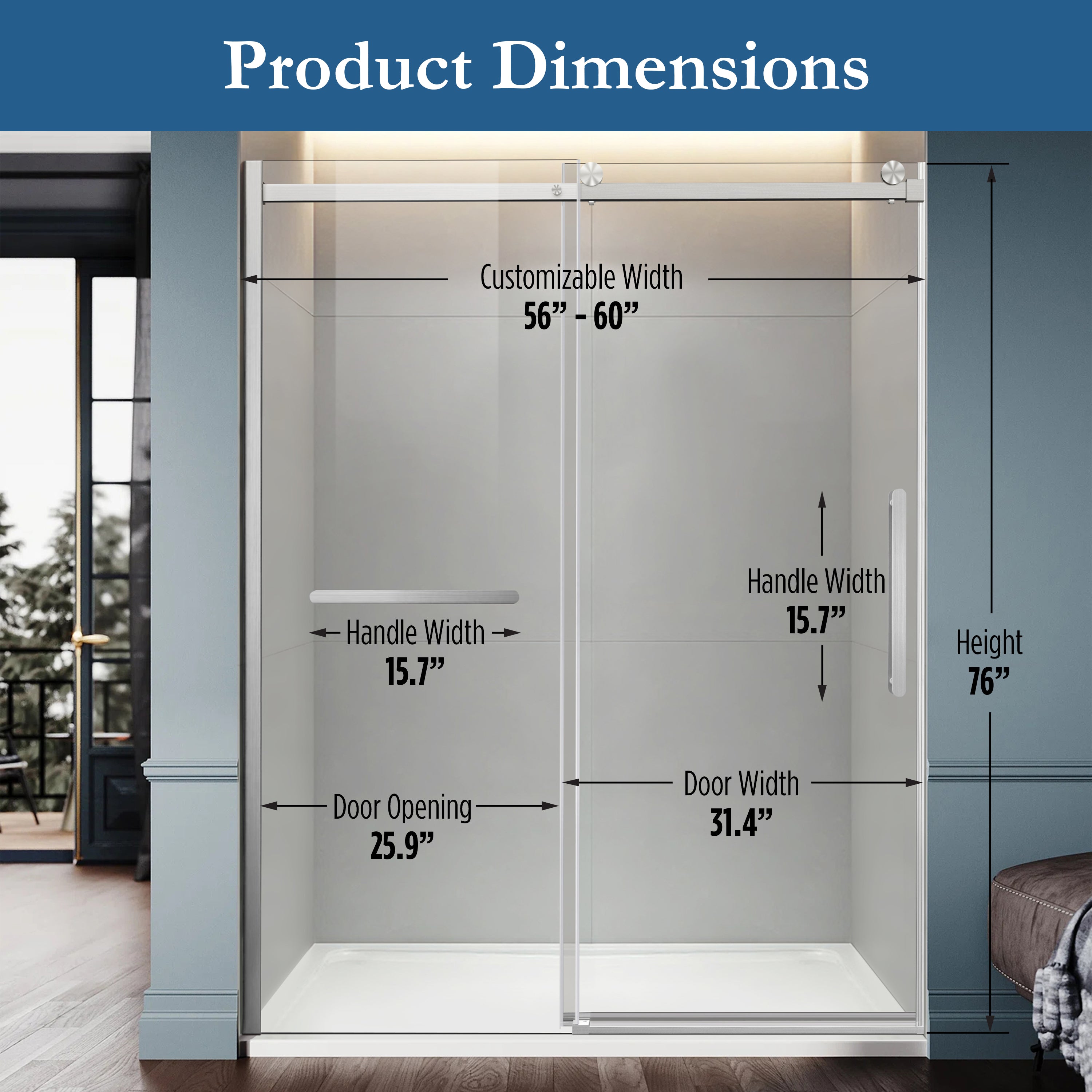 Ambrose 56" - 60" Soft Close sliding Glass shower door with Brushed Nickel hardware (soft-close)