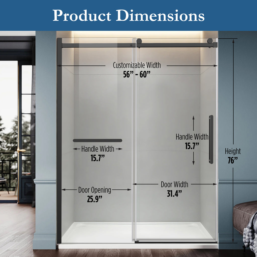 Ambrose 56" - 60" Soft Close sliding Glass shower door Matte Black hardware (soft-close)