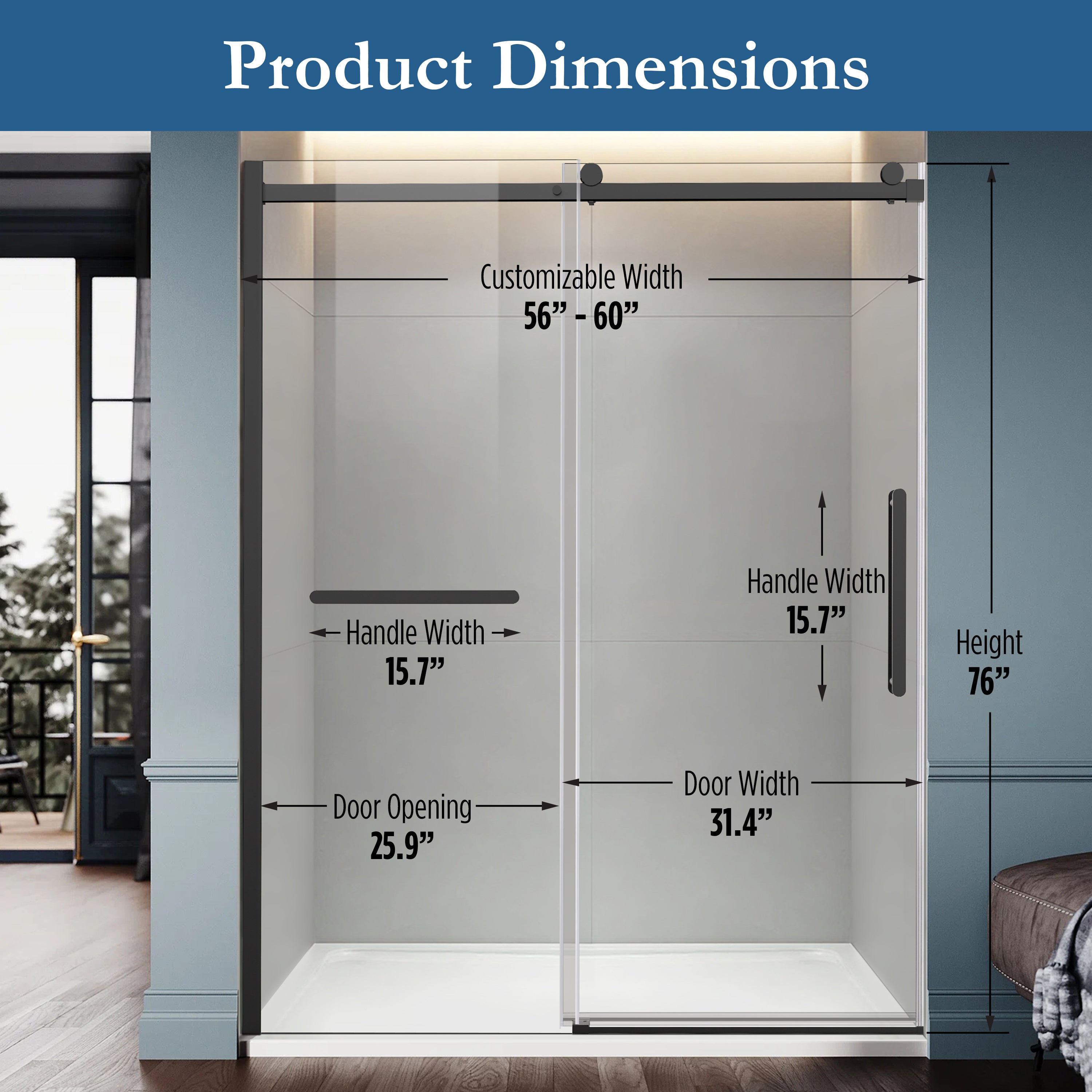 Ambrose 56" - 60" Soft Close sliding Glass shower door Matte Black hardware (soft-close)
