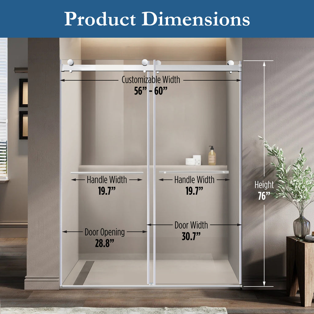 Cayton 56" - 60"Soft Close sliding Glass shower door Chrome hardware (soft-close)