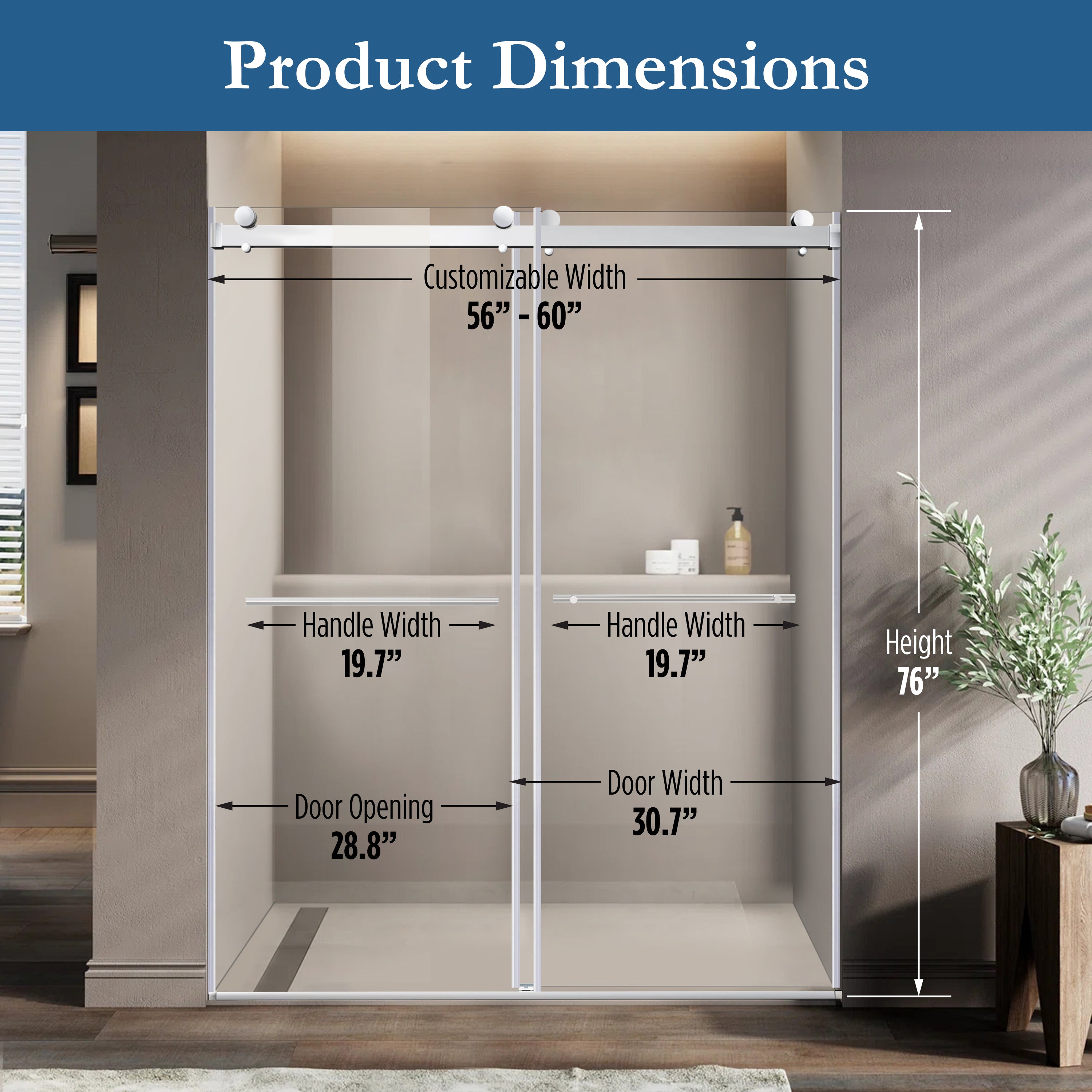 Cayton 56" - 60"Soft Close sliding Glass shower door Chrome hardware (soft-close)