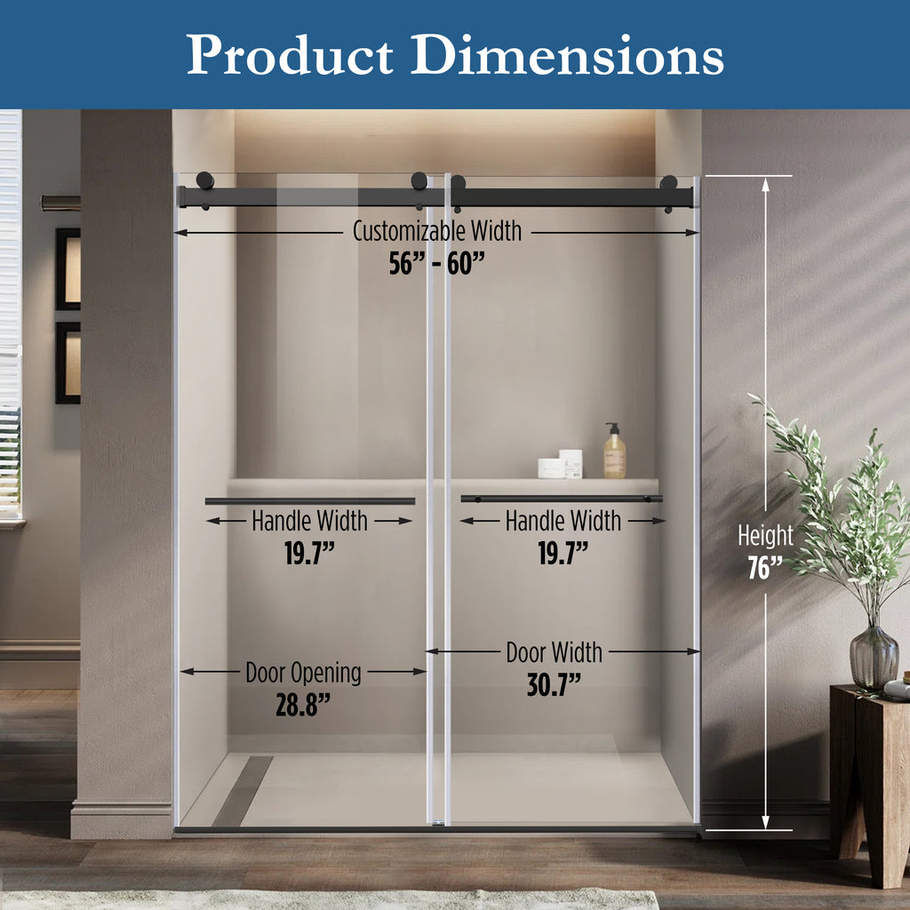 Cayton 56" - 60" Soft Close sliding Glass shower door Matte Black hardware (soft-close)