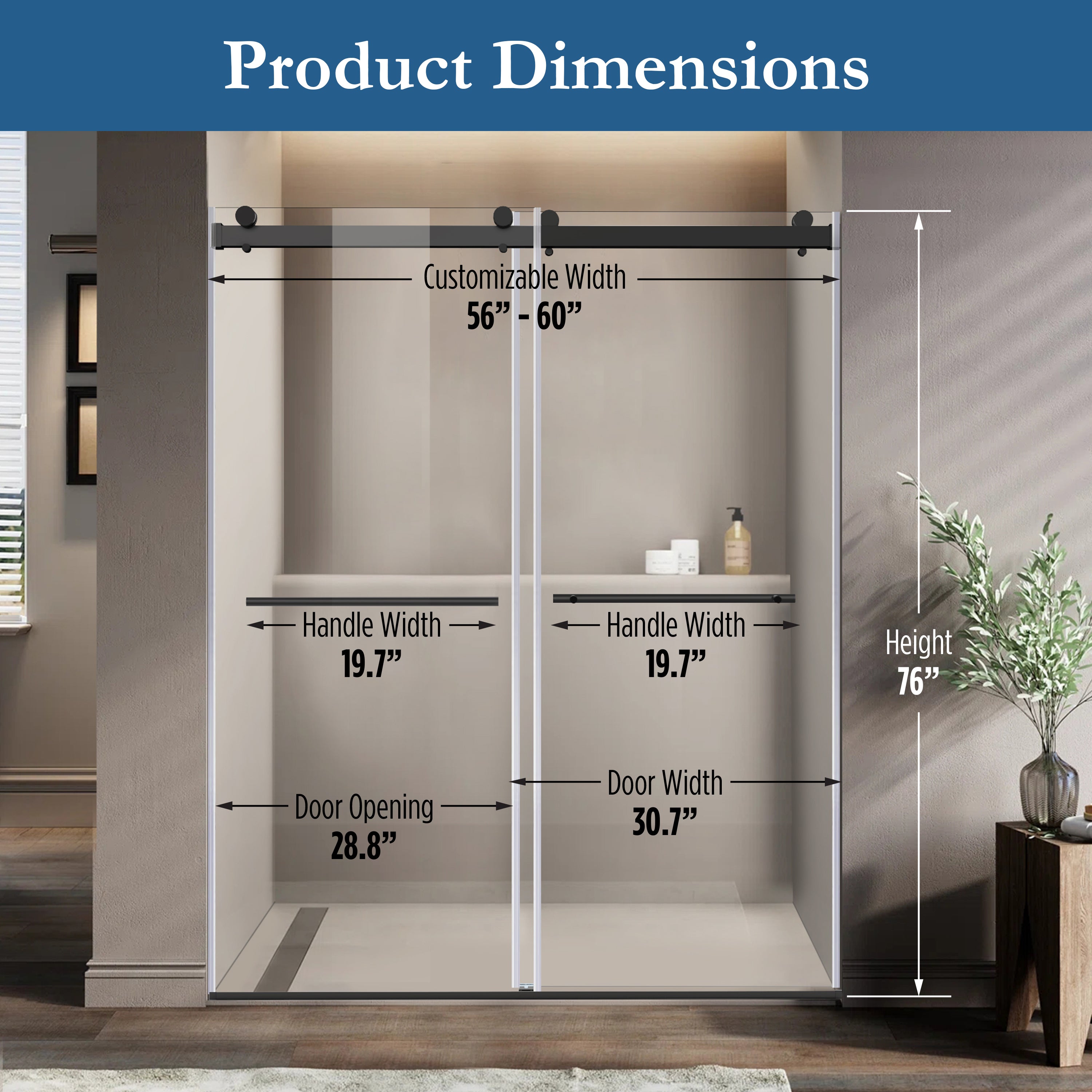 Cayton 56" - 60" Soft Close sliding Glass shower door Matte Black hardware (soft-close)