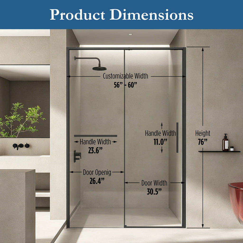 Edgemar 60" Soft Close sliding Glass shower door Matte Black hardware (soft-close)