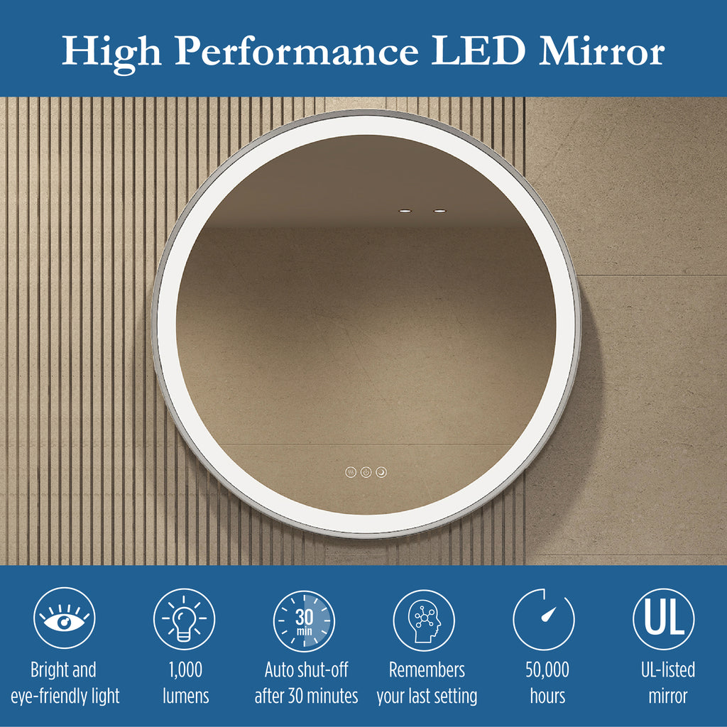 Elston 28" round front lit LED mirror with Brushed Silver frame