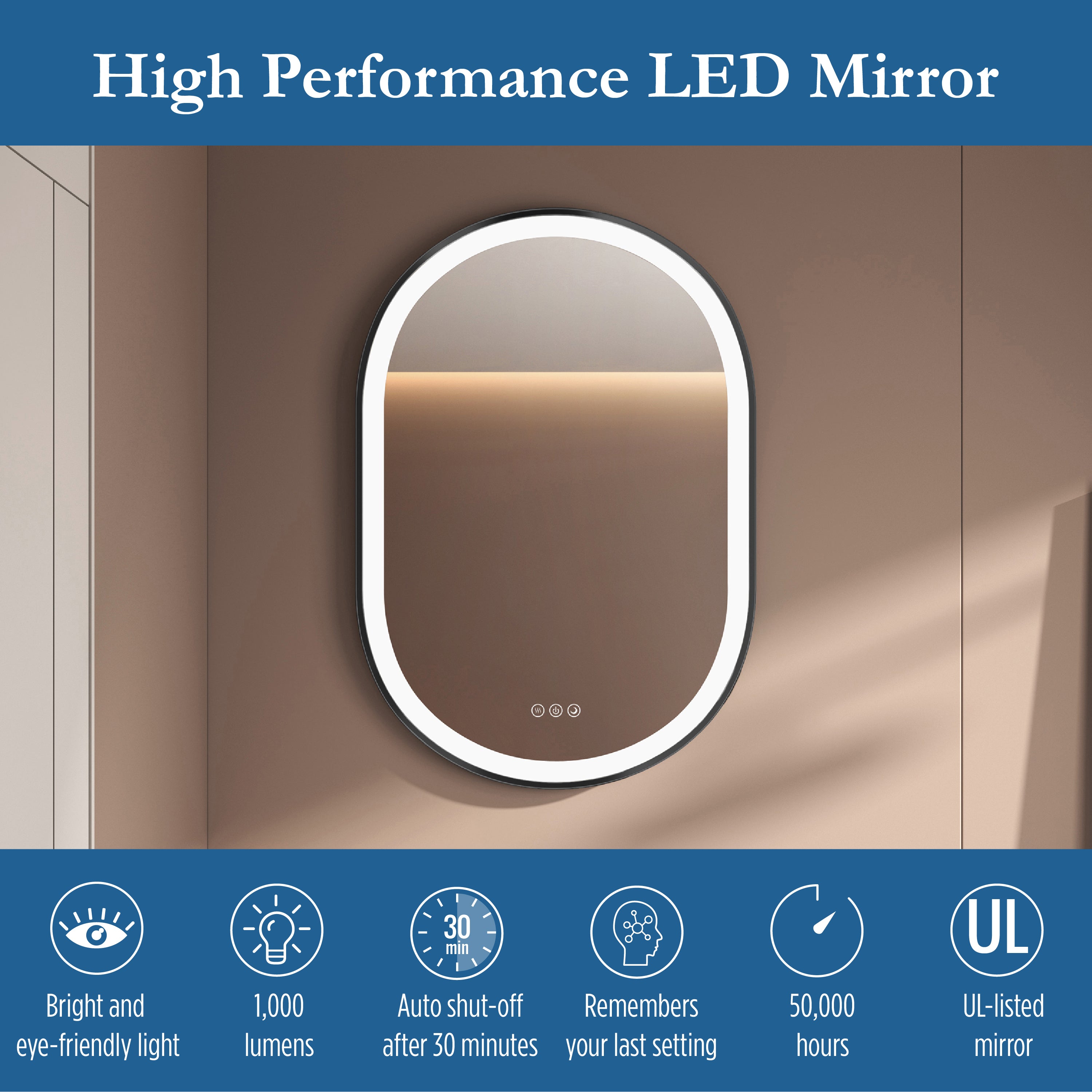 Elston 22" x 32" pill front lit LED mirror with Matte Black frame