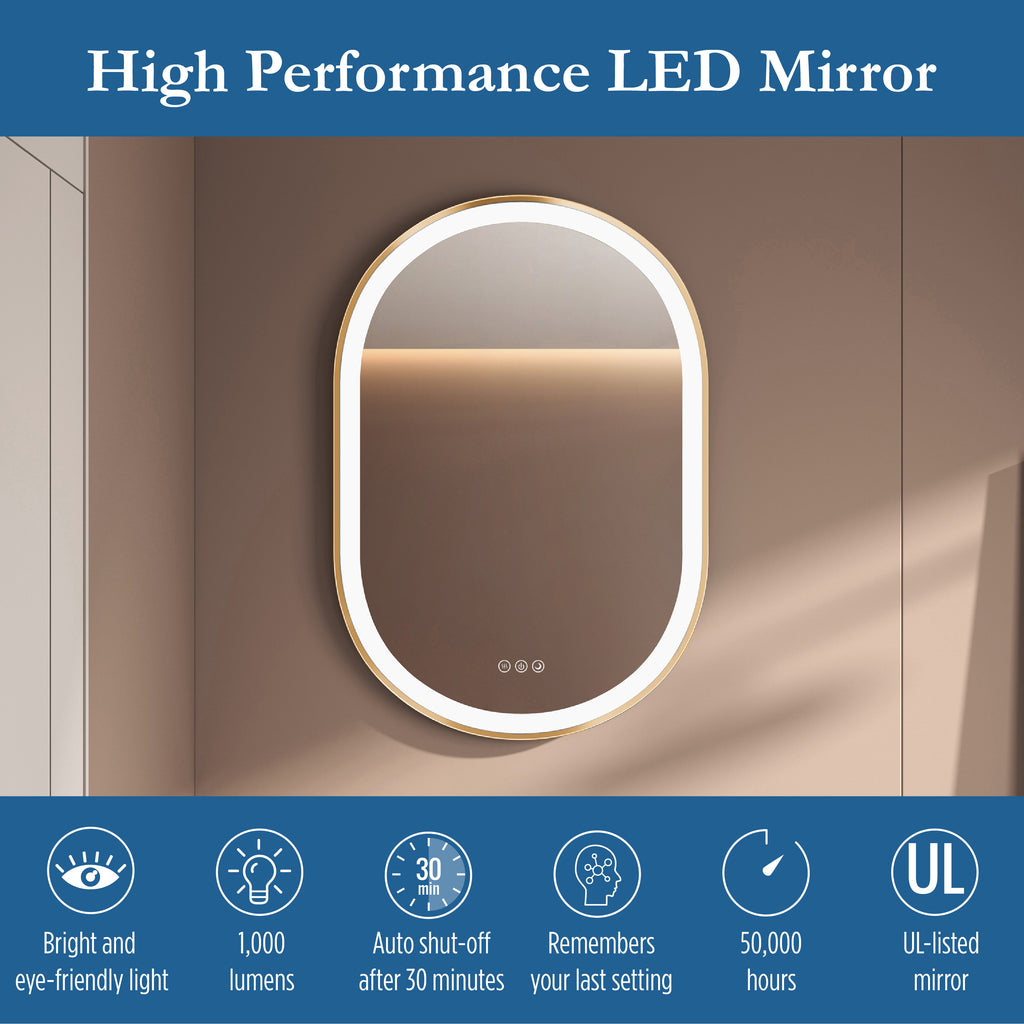 Elston 22" x 32" pill front lit LED mirror with Brushed Gold frame