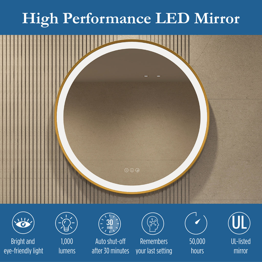 Elston 28" round front lit LED mirror with Brushed Gold frame