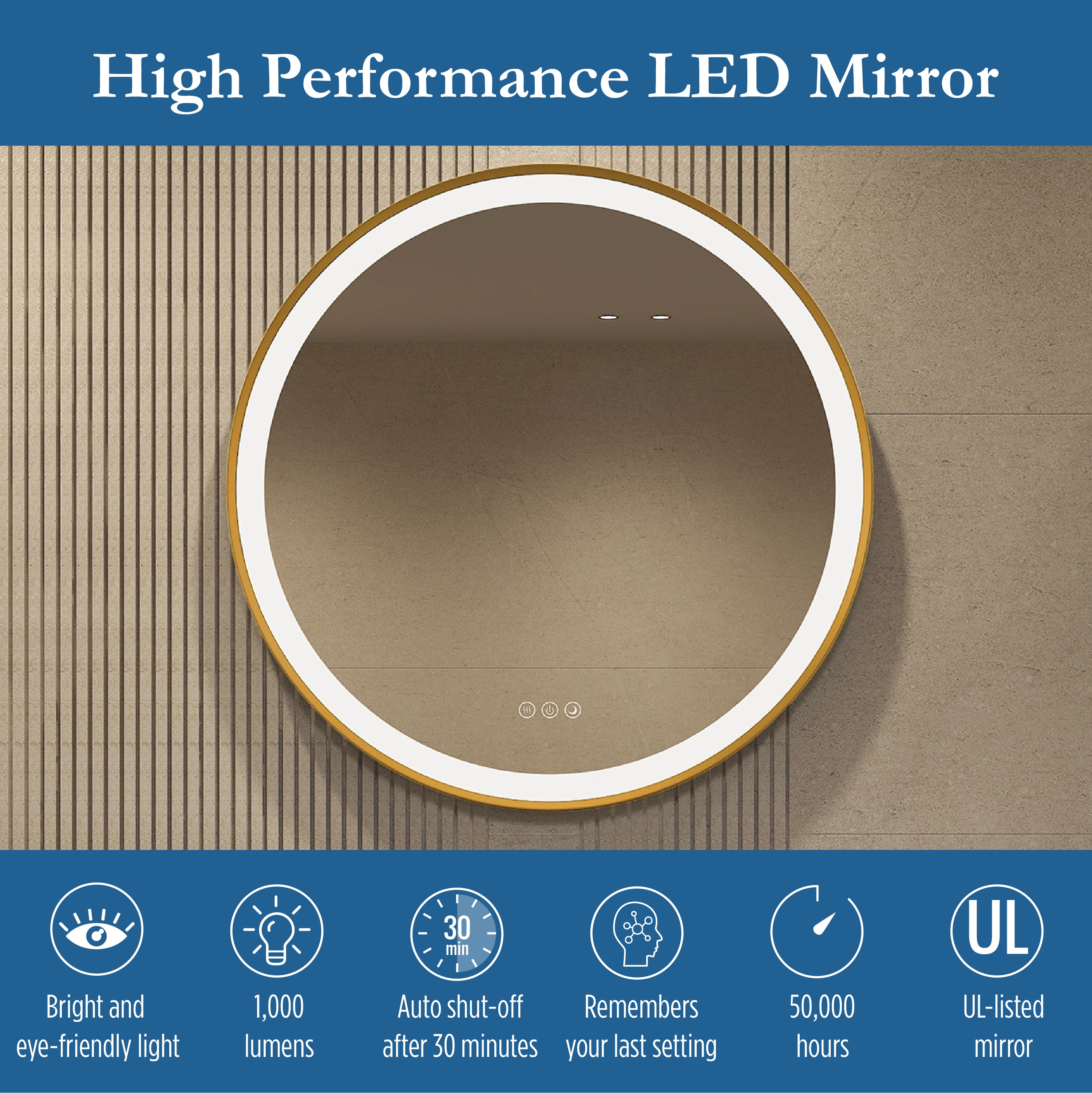 Elston 28" round front lit LED mirror with Brushed Gold frame