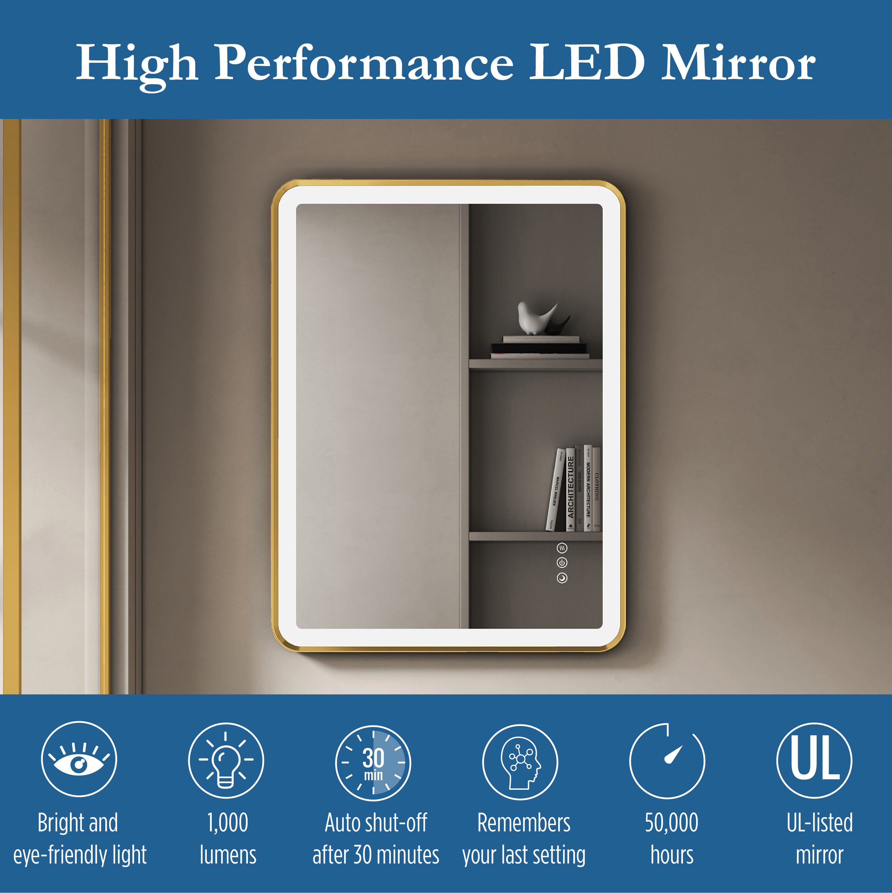 Elston 24"x 32" Rectangular Front Lit LED Mirror with Brushed Gold frame