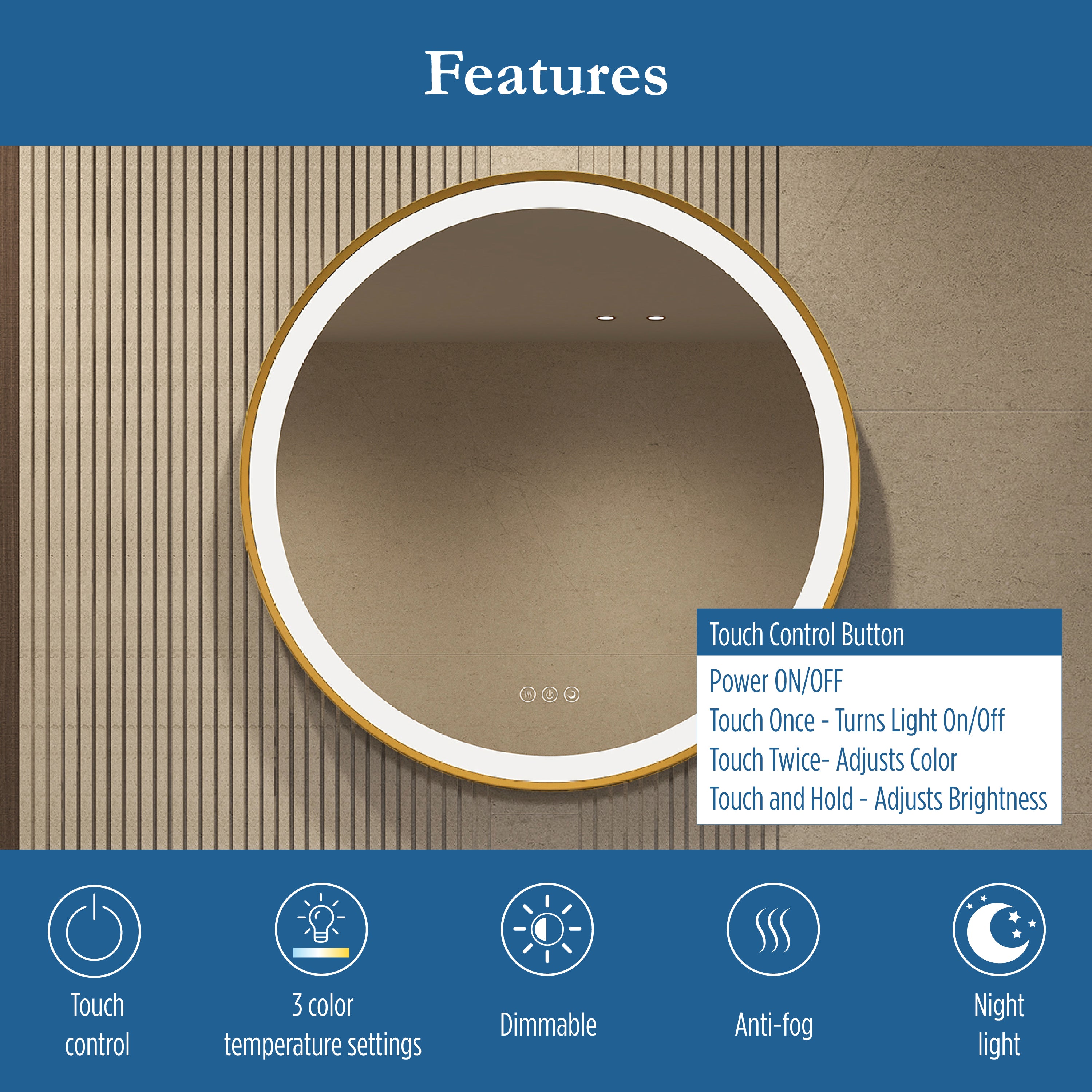 Elston 28" round front lit LED mirror with Brushed Gold frame