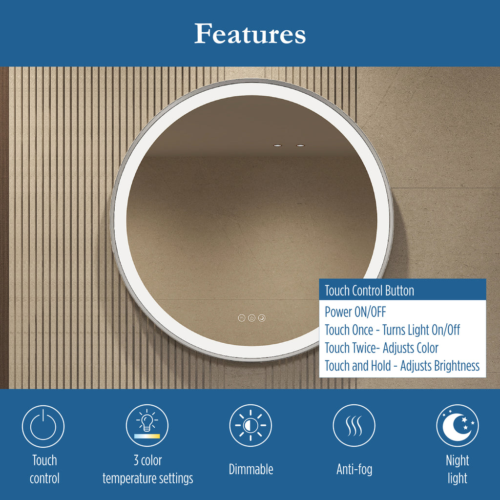 Elston 28" round front lit LED mirror with Brushed Silver frame