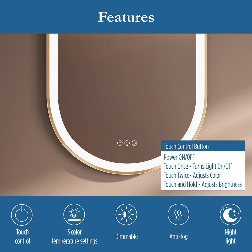 Elston 22" x 32" pill front lit LED mirror with Brushed Gold frame