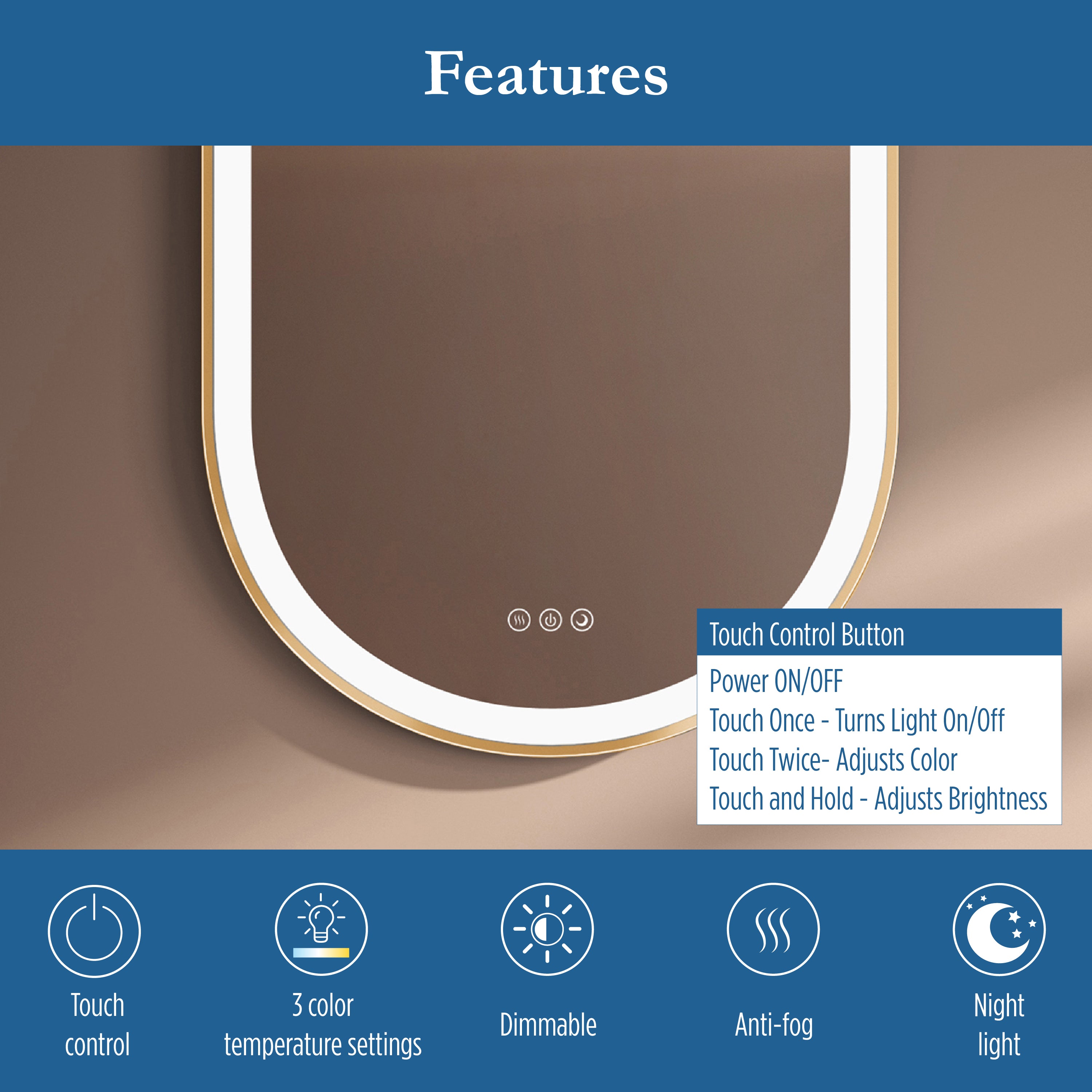 Elston 22" x 32" pill front lit LED mirror with Brushed Gold frame
