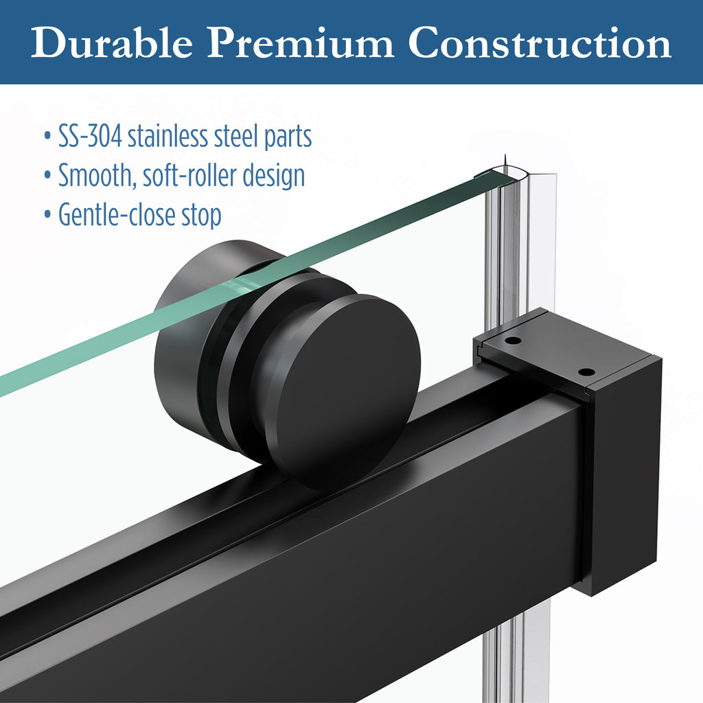Cayton 56" - 60" Soft Close sliding Glass shower door Matte Black hardware (soft-close)