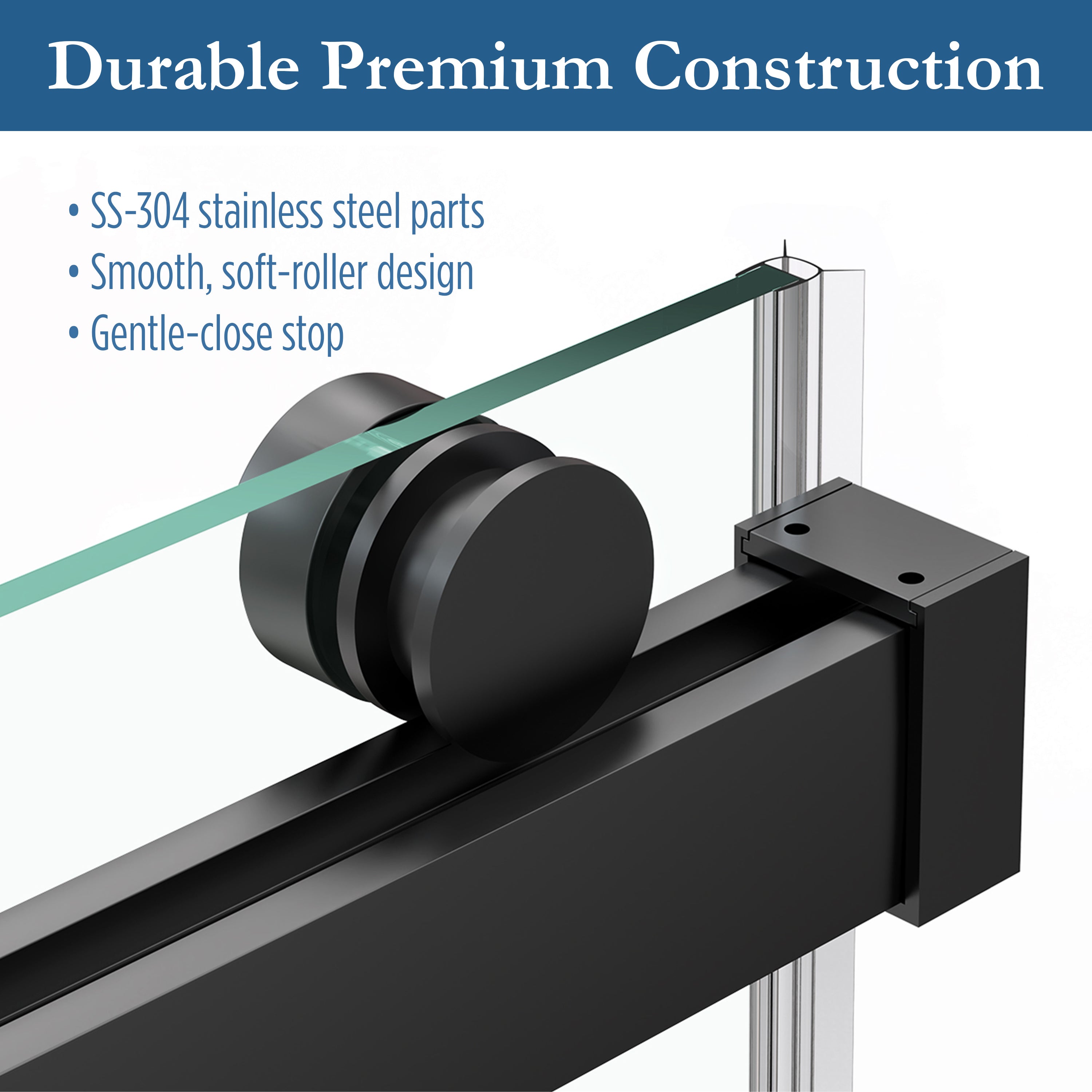 Cayton 56" - 60" Soft Close sliding Glass shower door Matte Black hardware (soft-close)