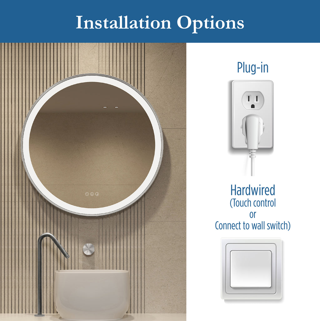 Elston 28" round front lit LED mirror with Brushed Silver frame
