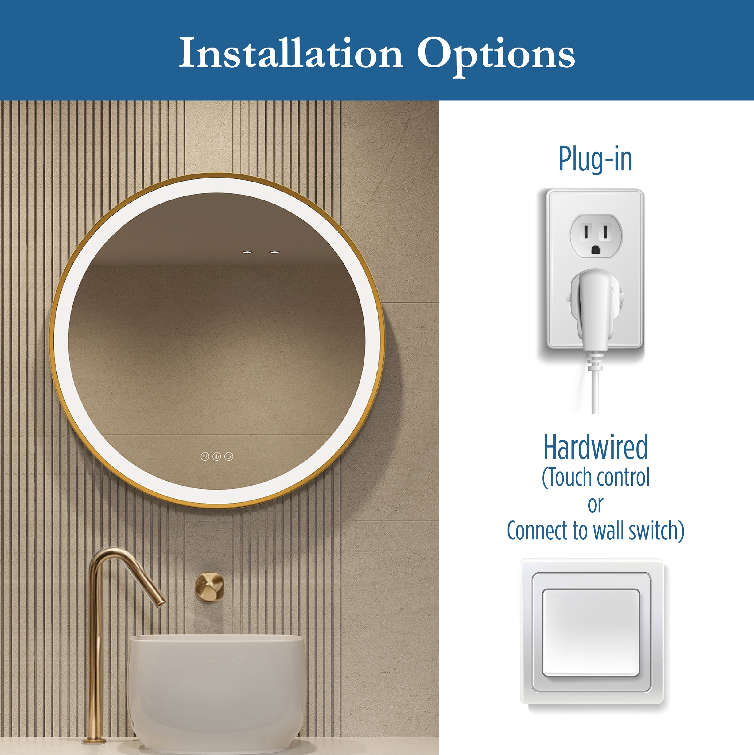 Elston 28" round front lit LED mirror with Brushed Gold frame