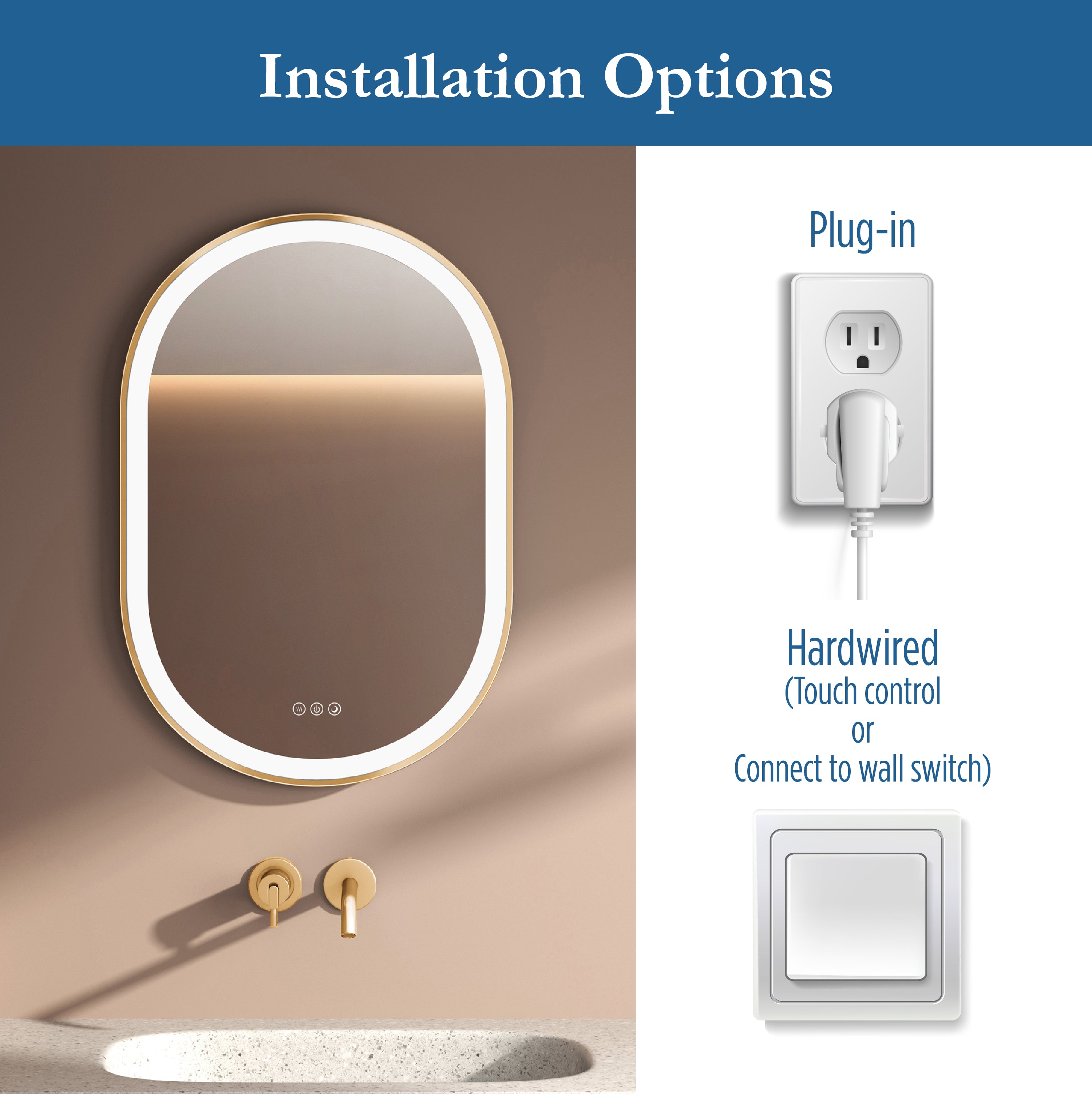 Elston 22" x 32" pill front lit LED mirror with Brushed Gold frame