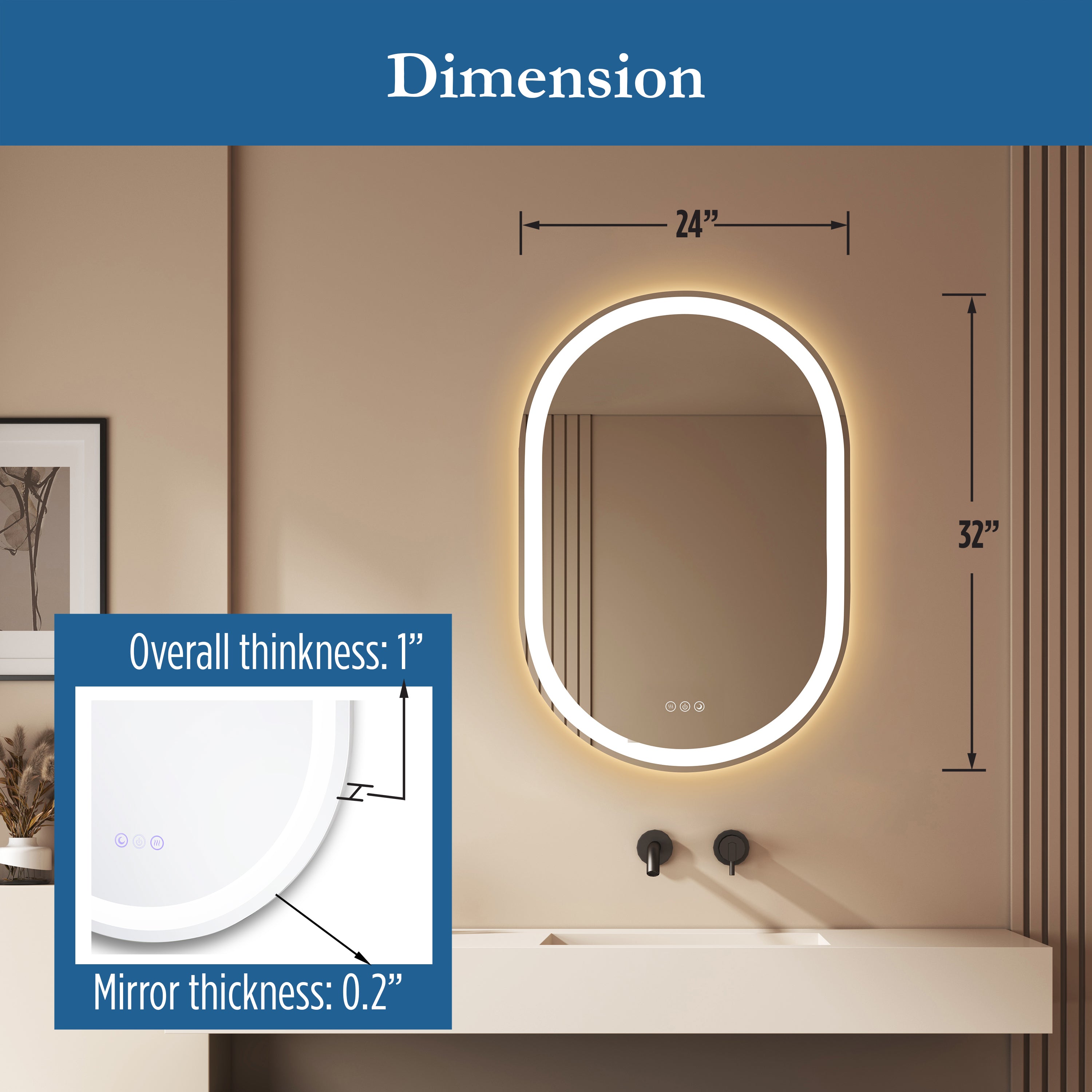 Lancer 22" x 32" pill front and back lit LED mirror with acrylic boarder