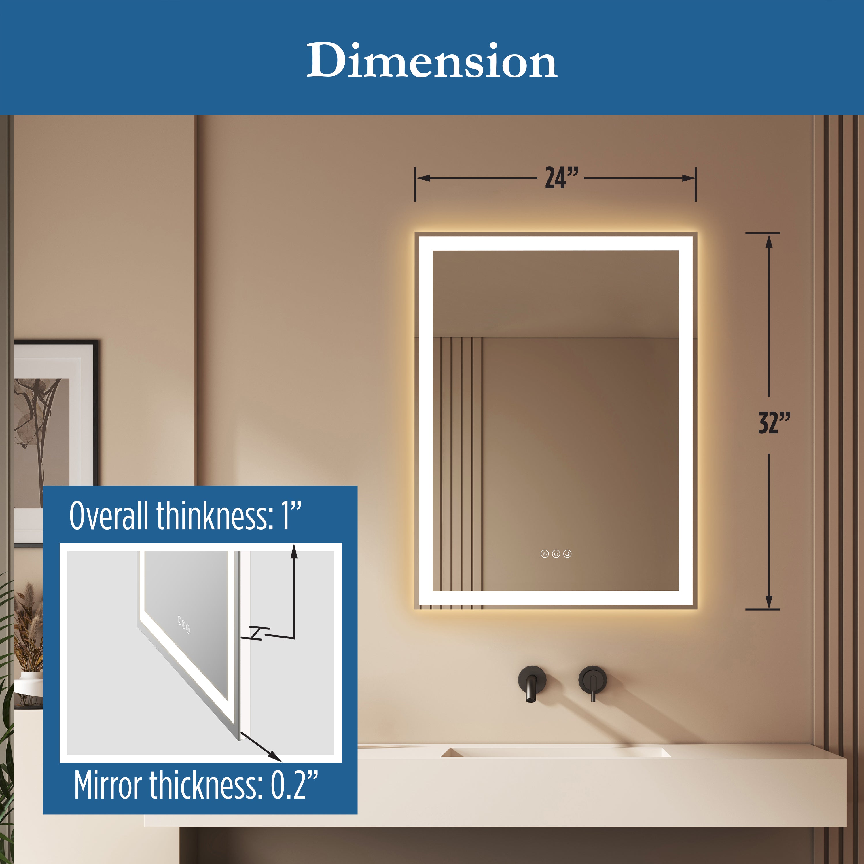 Lancer 24" x 32" rectangular front and back lit LED mirror with acrylic boarder