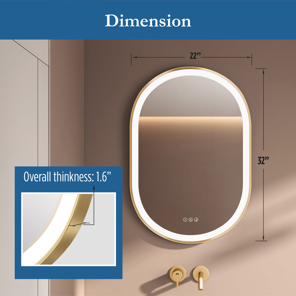 Elston 22" x 32" pill front lit LED mirror with Brushed Gold frame