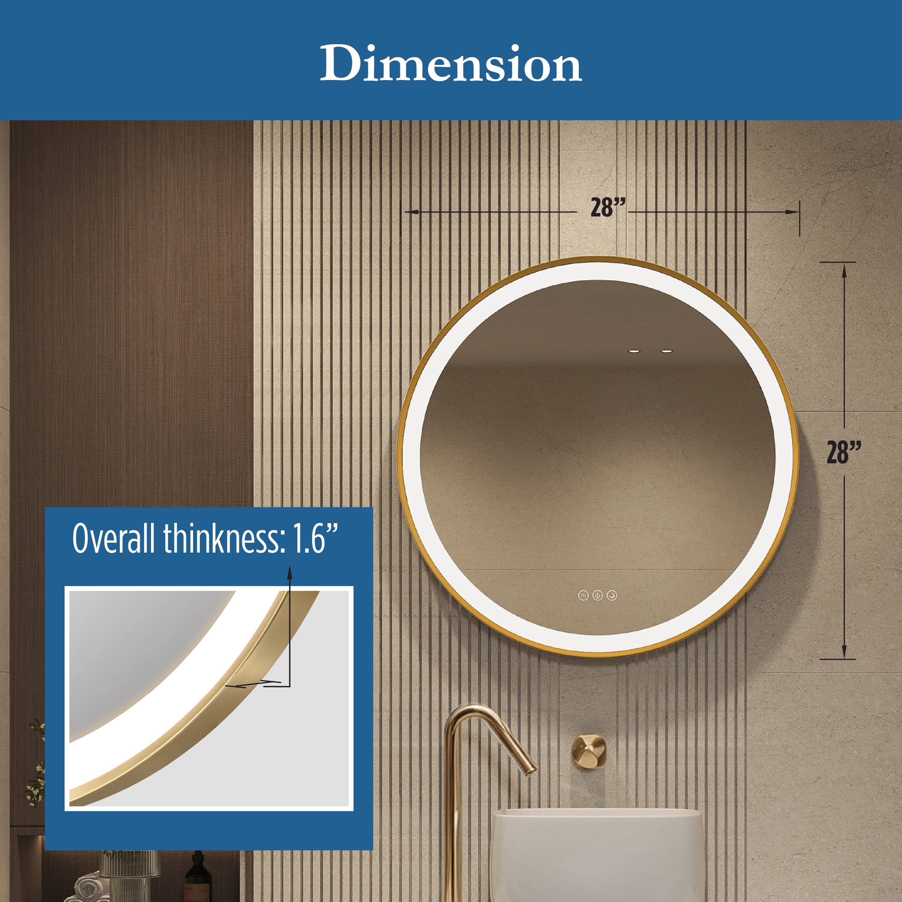 Elston 28" round front lit LED mirror with Brushed Gold frame
