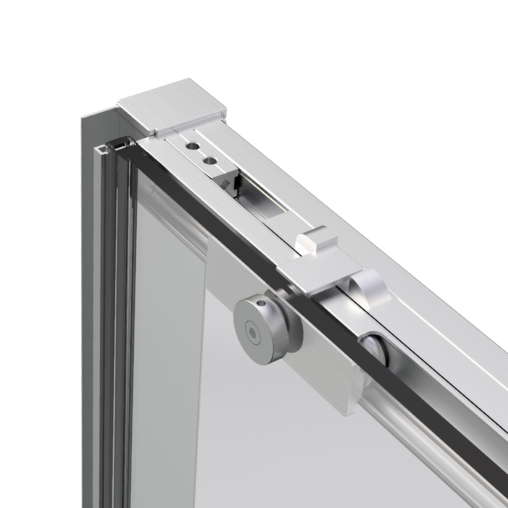 Close-up of a sliding glass door mechanism on a white background