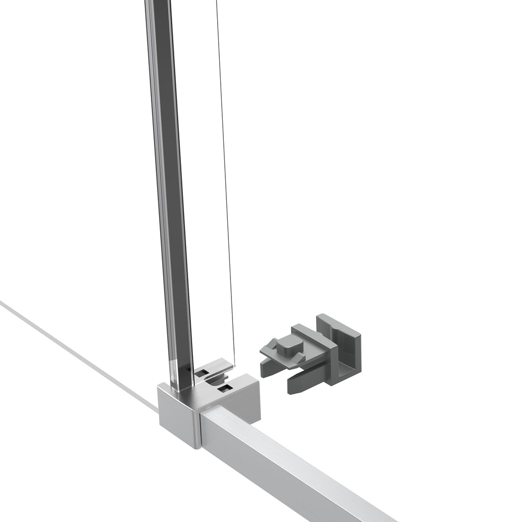 Metallic shower door bracket on a white background