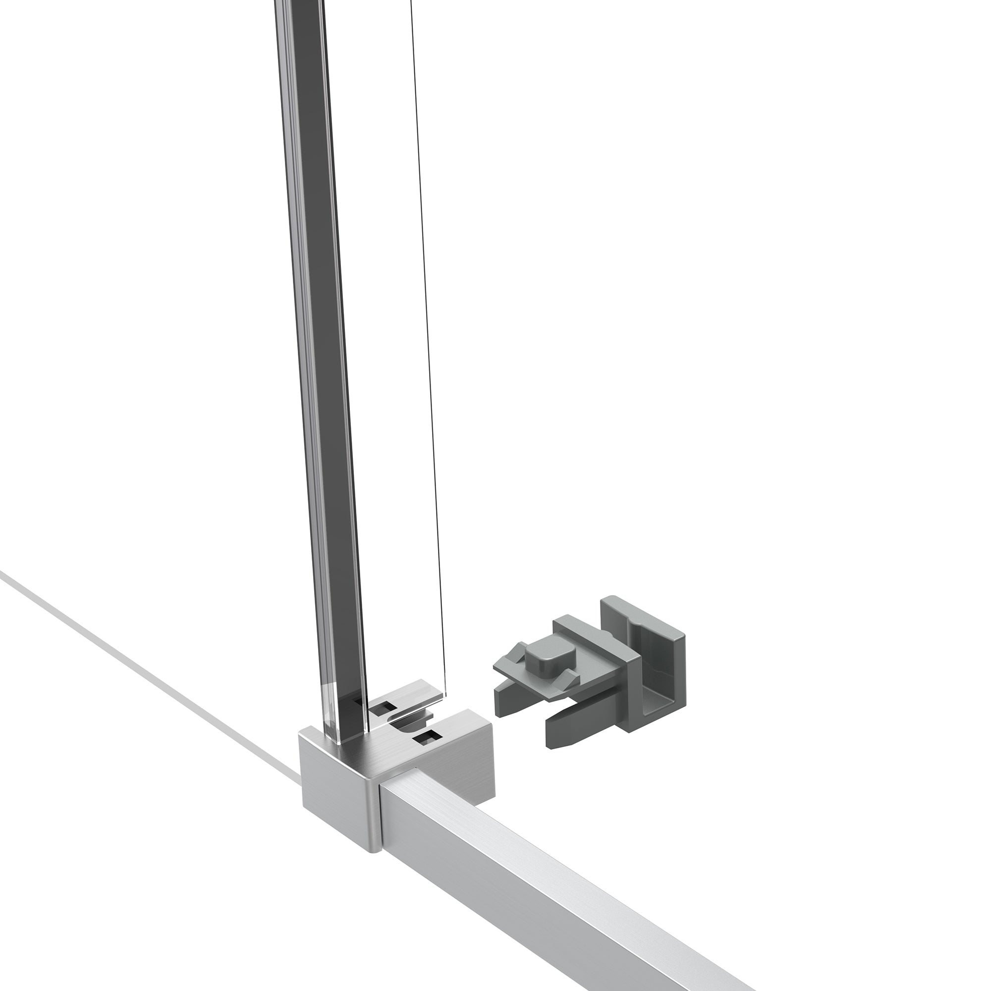 Metallic shower door bracket on a white background