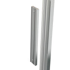 Silver shower door with a clear glass panel on a white background