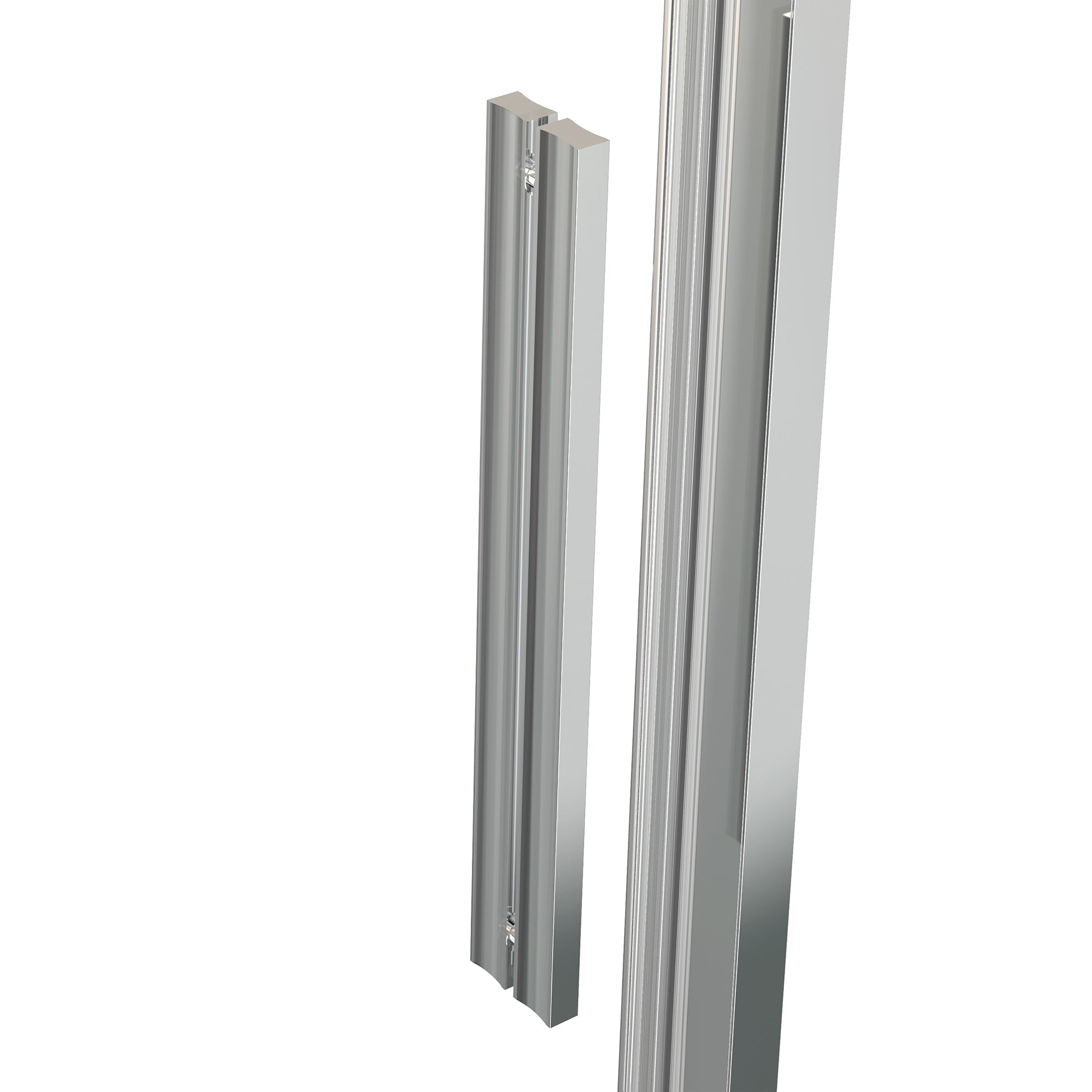 Silver shower door with a clear glass panel on a white background