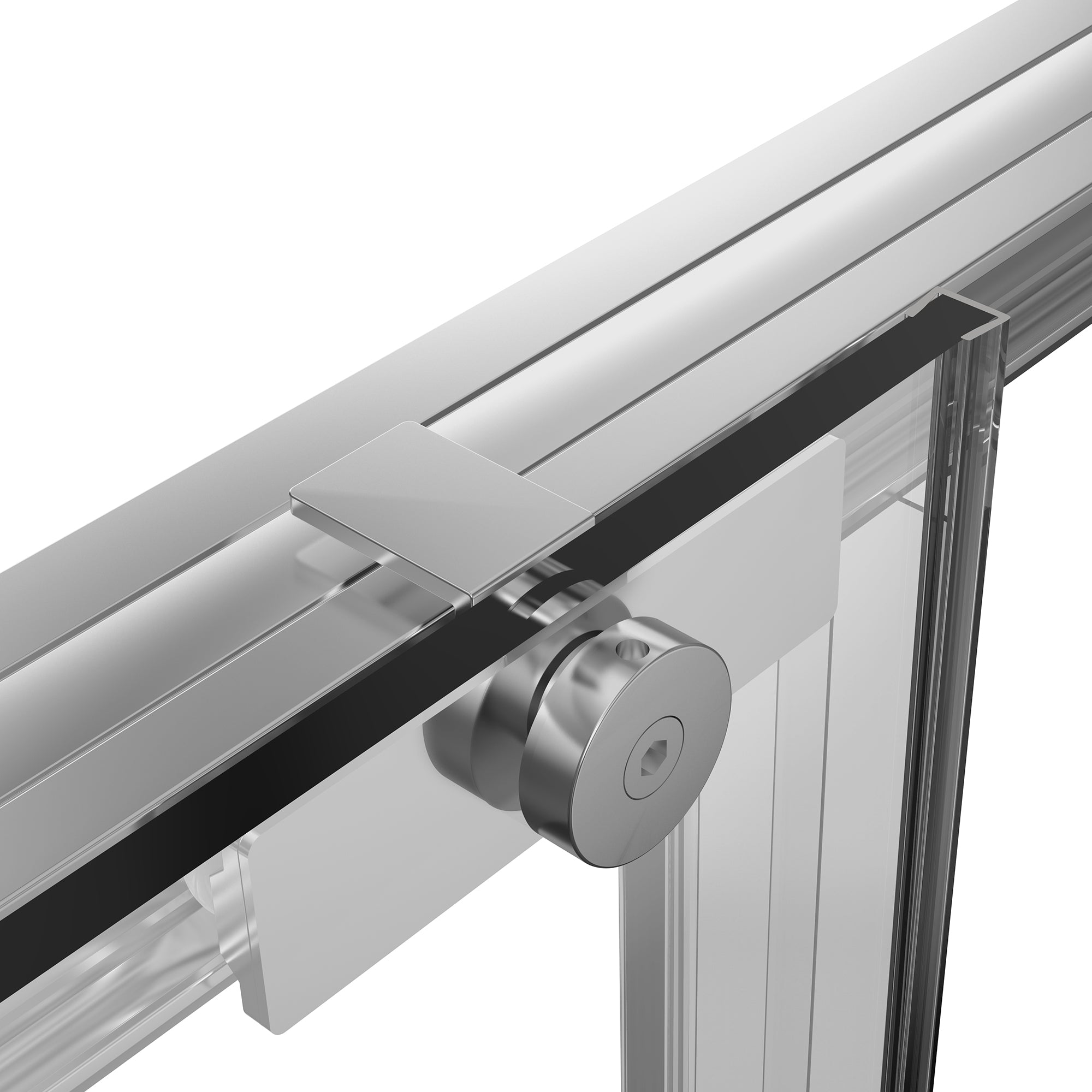 Glass door slider with a metal roller on a white background