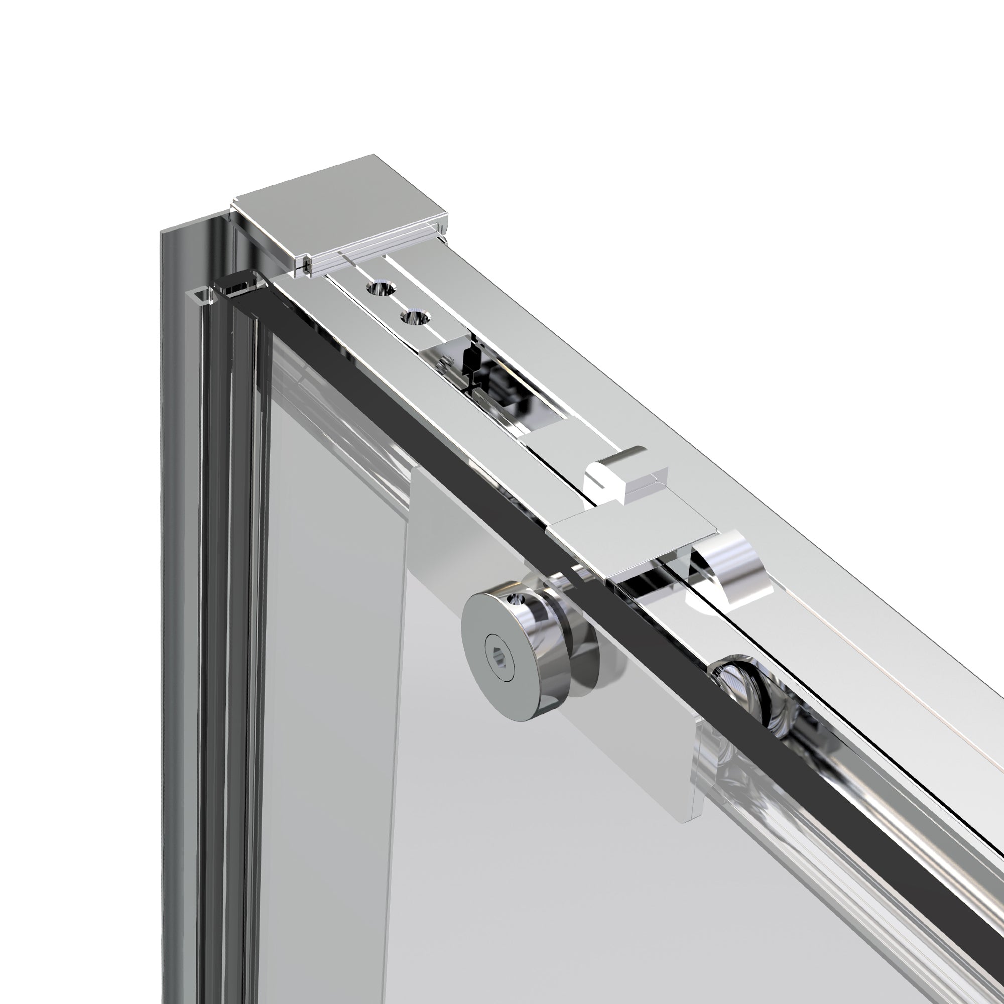 Close-up of a sliding shower door mechanism on a white background