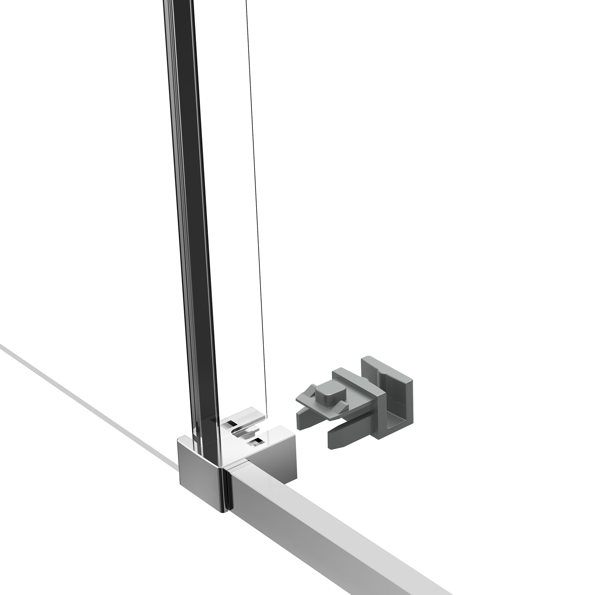 Glass shower enclosure with a chrome bracket on a white background