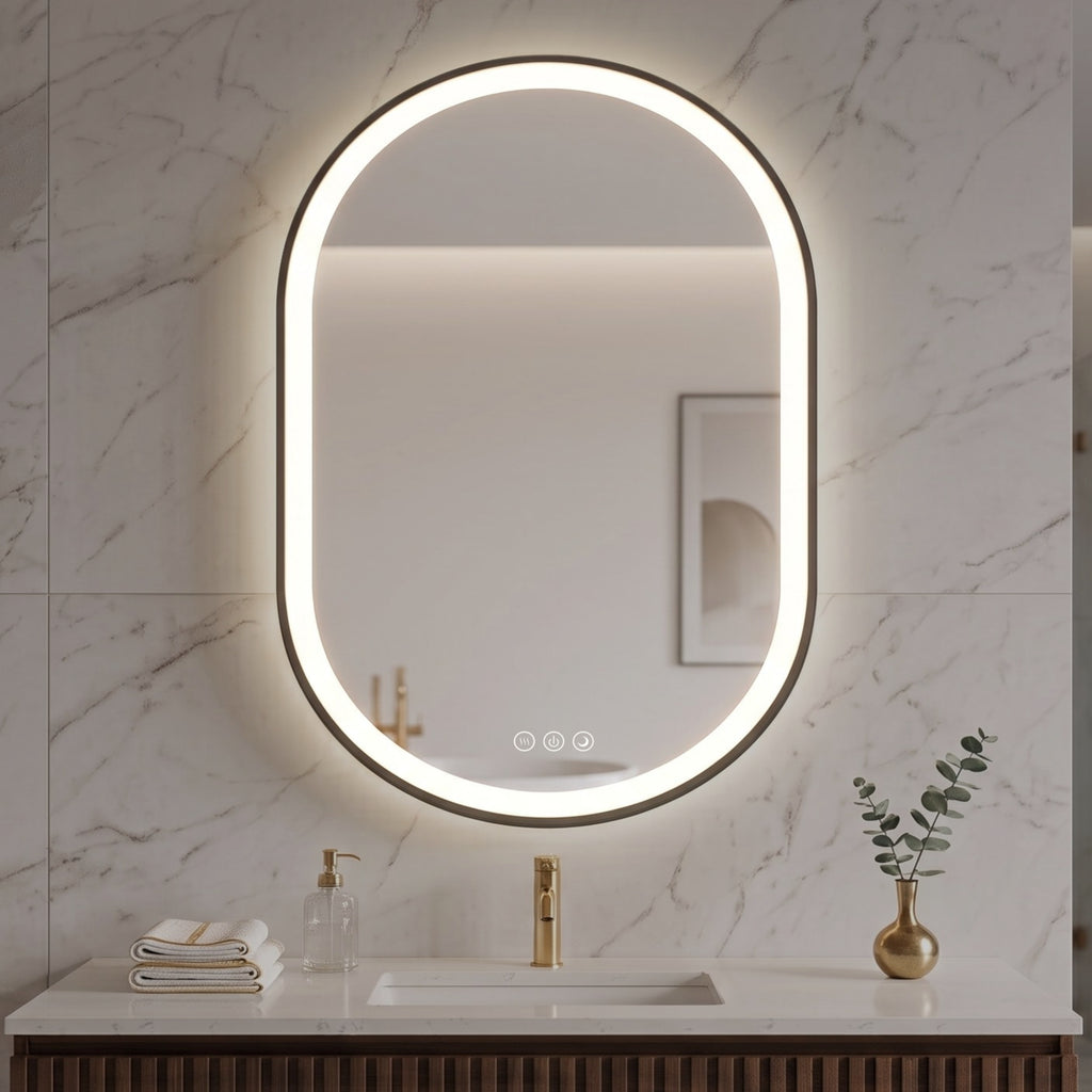Elston 22" x 32" pill front lit LED mirror with Brushed Gold frame
