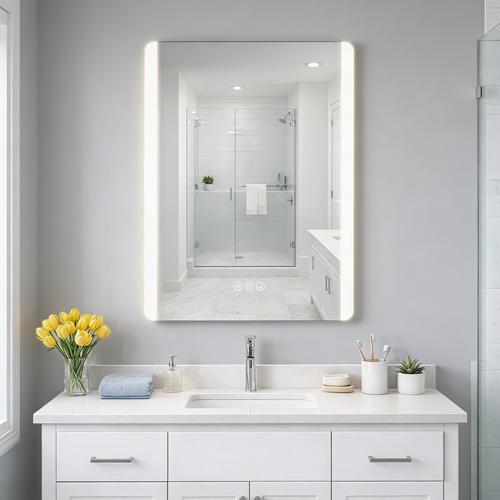 Bathroom vanity with a mirror, sink, and decorative items on a gray wall.