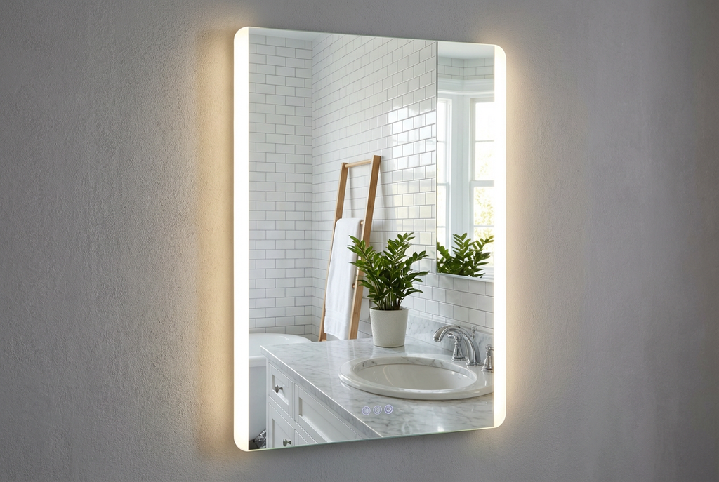 Bathroom mirror with lighting on a gray wall