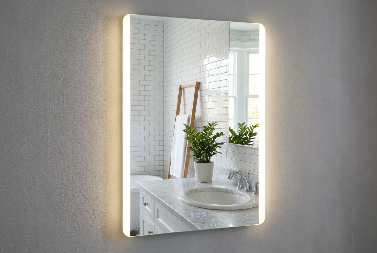Bathroom mirror with lighting on a gray wall