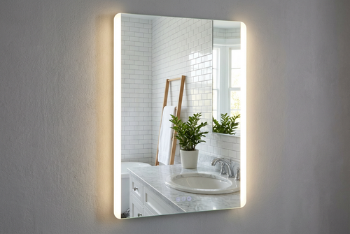 Bathroom mirror with lighting on a gray wall