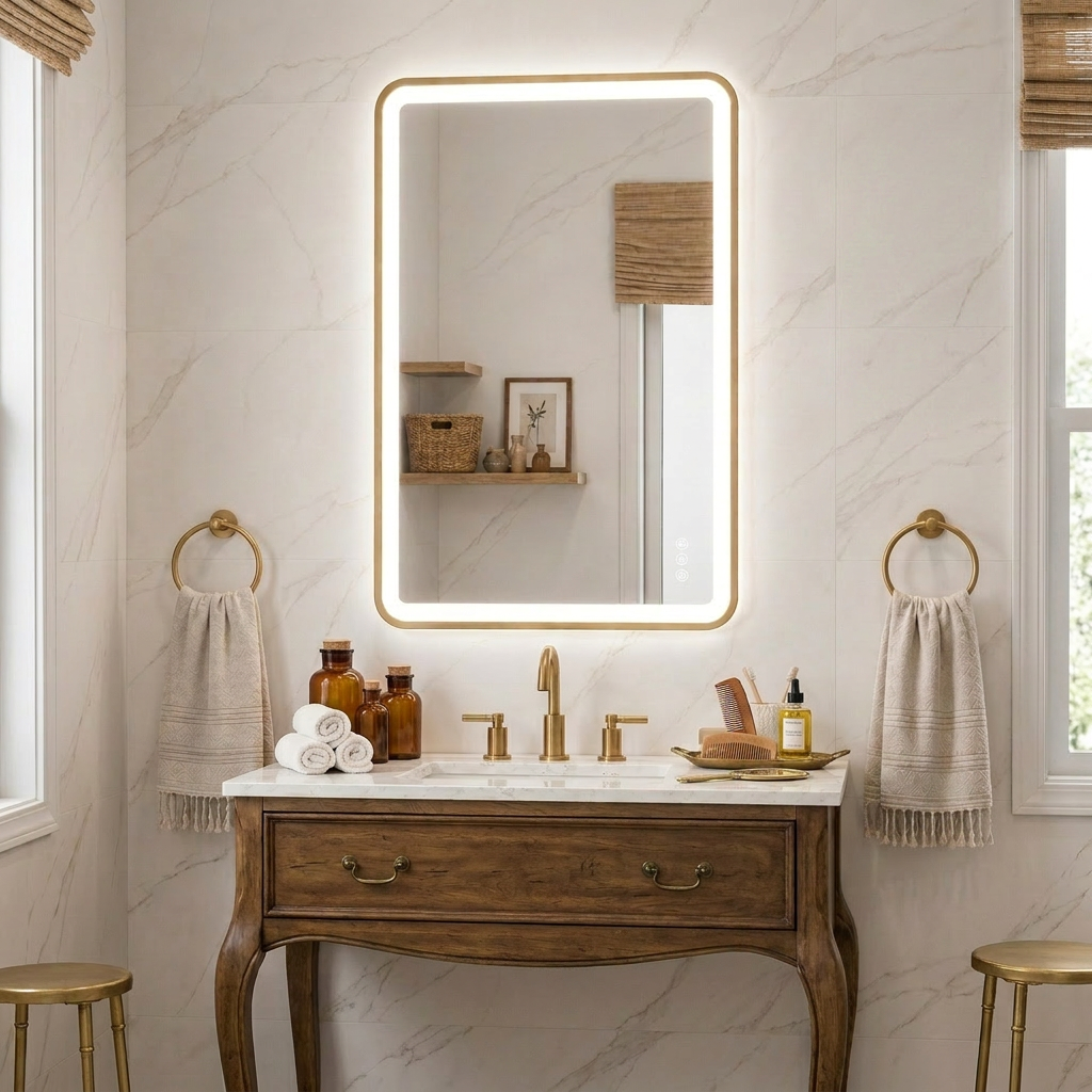 Elston 24"x 32" Rectangular Front Lit LED Mirror with Brushed Gold frame