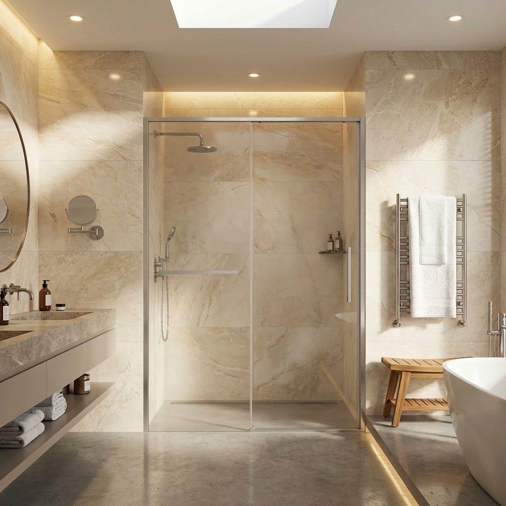 Modern bathroom with shower enclosure, sink, and bathtub.