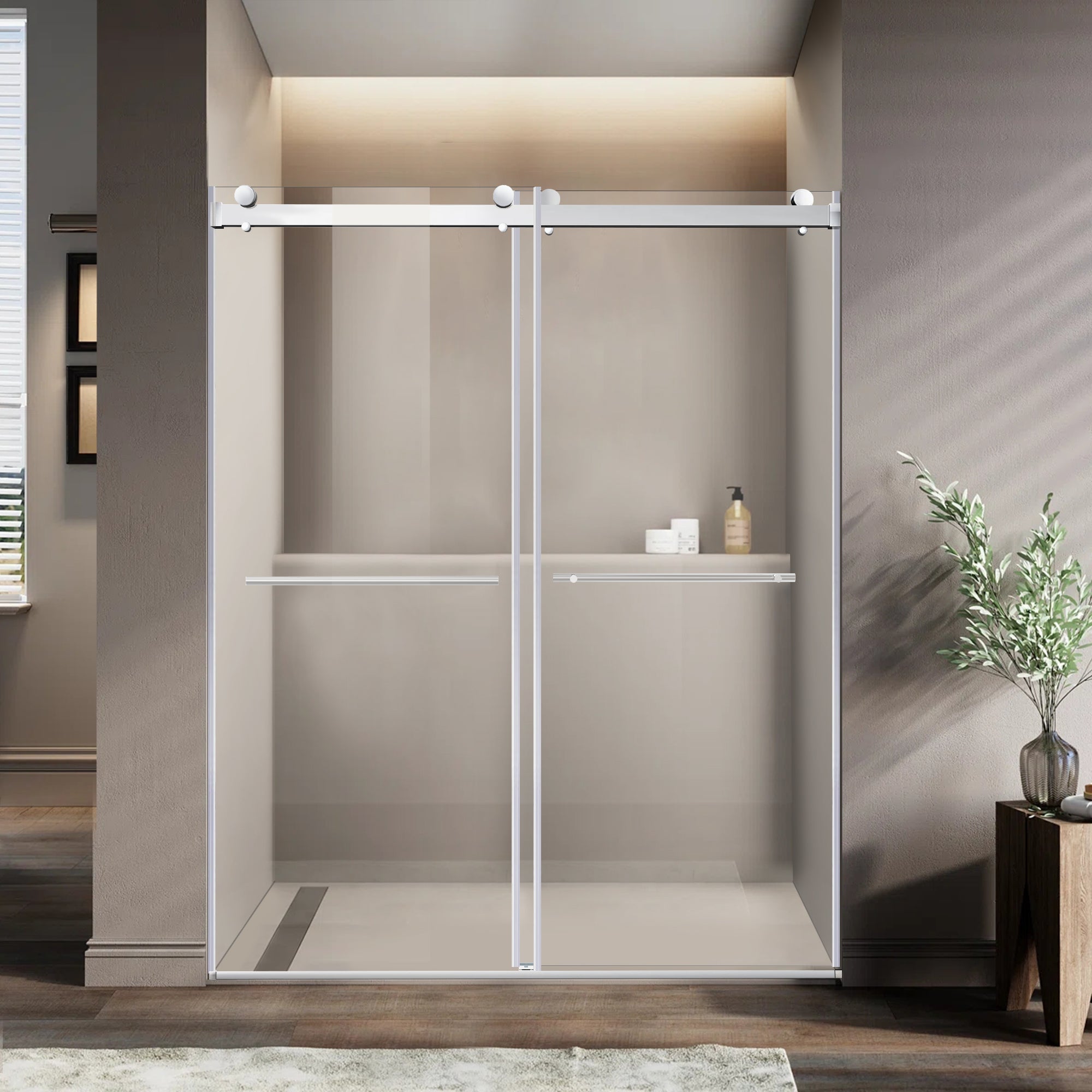Modern walk-in shower with glass door in a bathroom setting