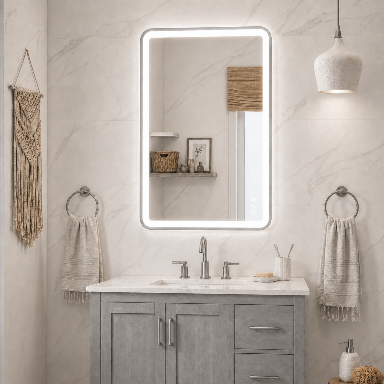 Elston 24"x 32" Rectangular Front Lit LED Mirror with Brushed Silver frame