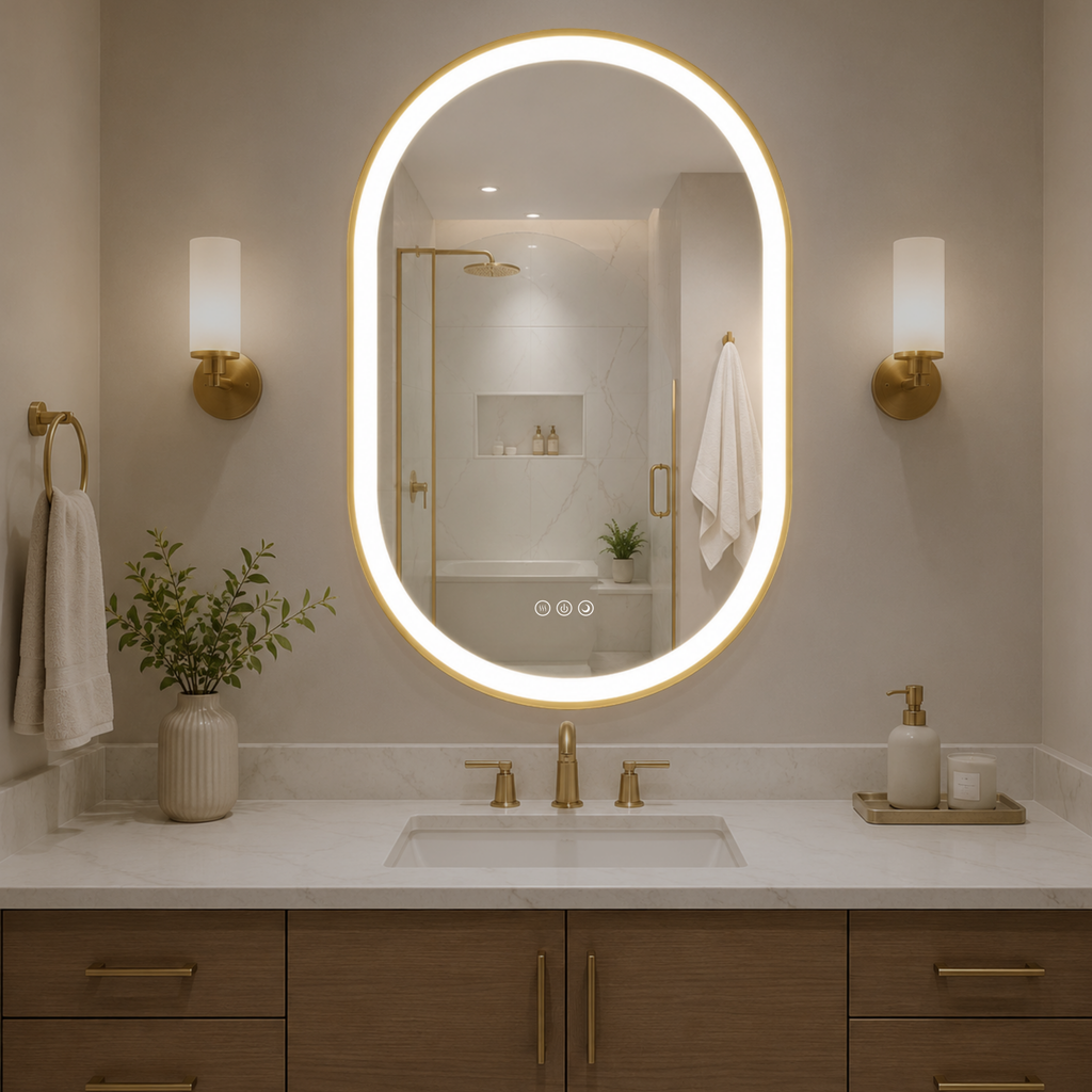 Elston 22" x 32" pill front lit LED mirror with Brushed Gold frame