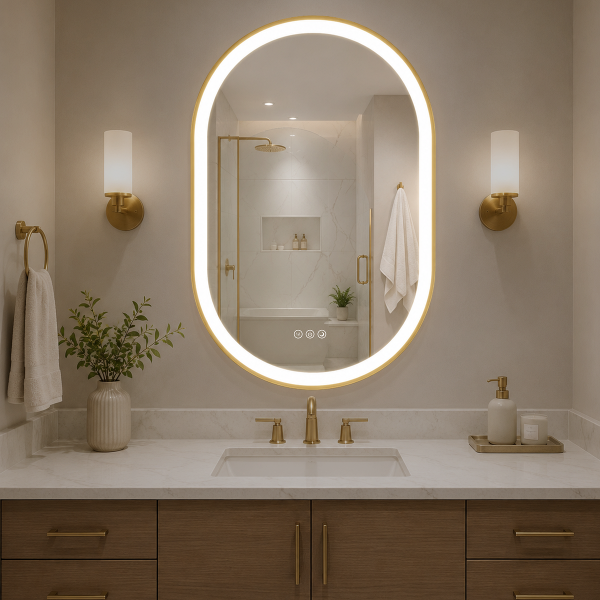 Elston 22" x 32" pill front lit LED mirror with Brushed Gold frame