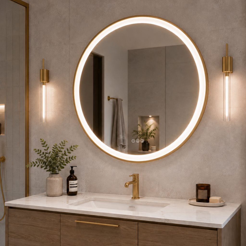 Elston 28" round front lit LED mirror with Brushed Silver frame