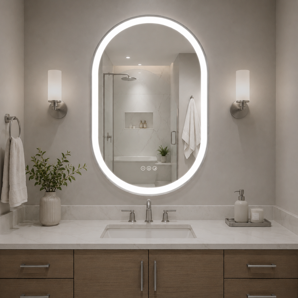 Elston 22" x 32" pill front lit LED mirror with Brushed Gold frame